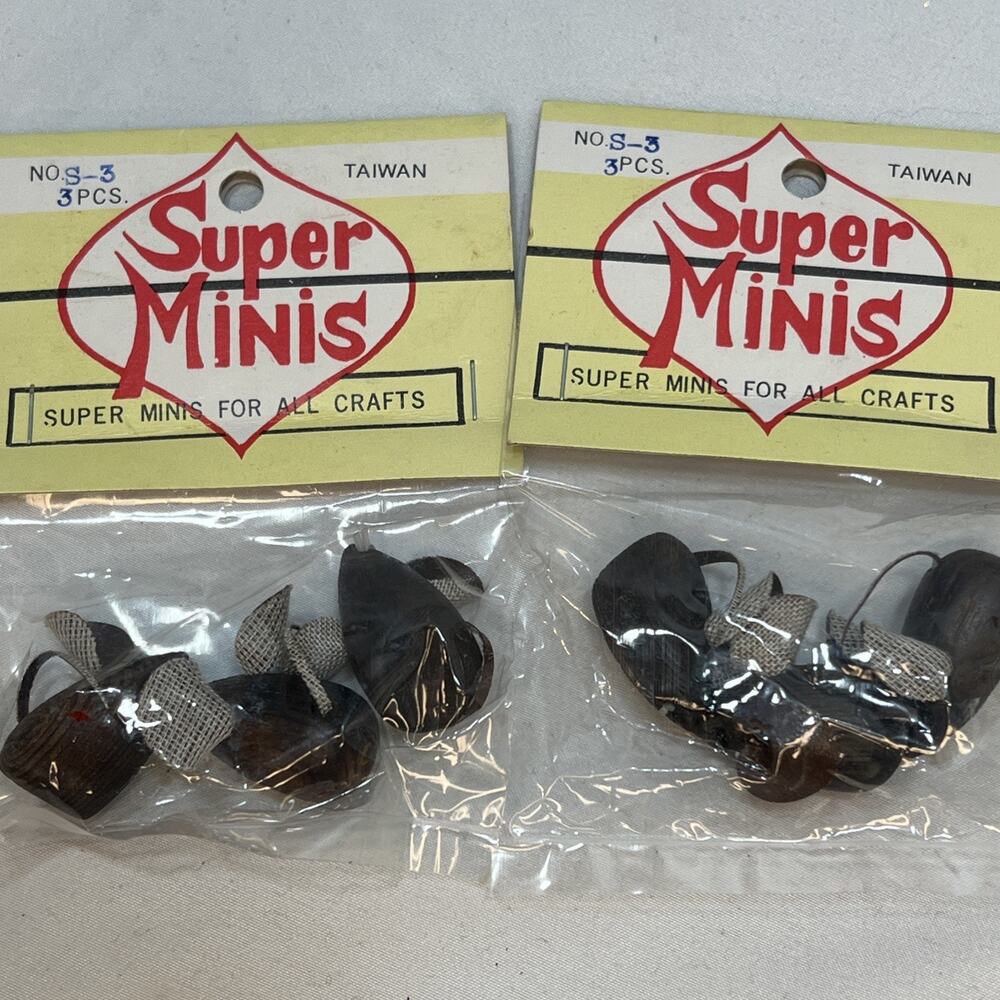 Vintage Set of 6 Wooden Brown Mice Mouse Super Minis Miniatures Gray Ears
